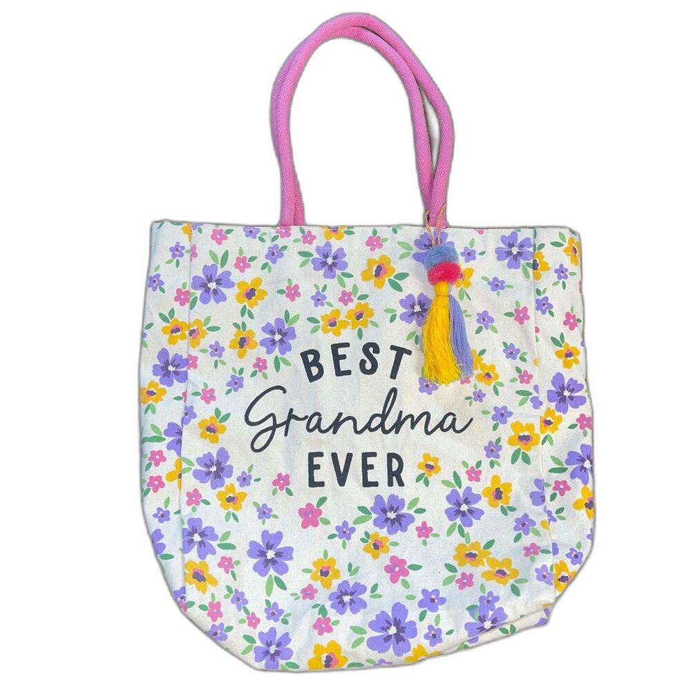 NWT Best Grandma Ever, Floral Recycled Canvas Pom Pom Tote Bag, Gift for Mom